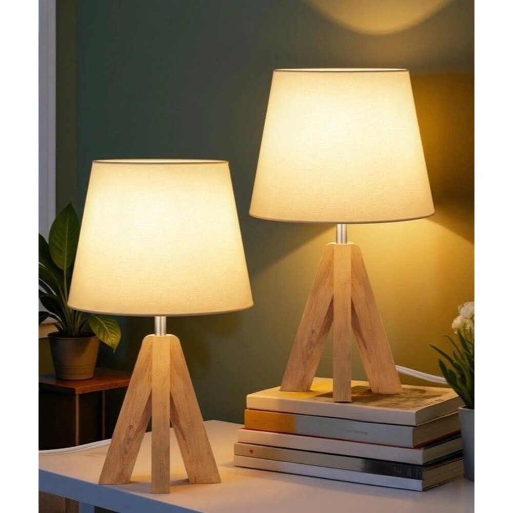 Wood Bedside Lamps Set of 2, Small Tripod Table Lamp, Modern Nightstand Lamp ...